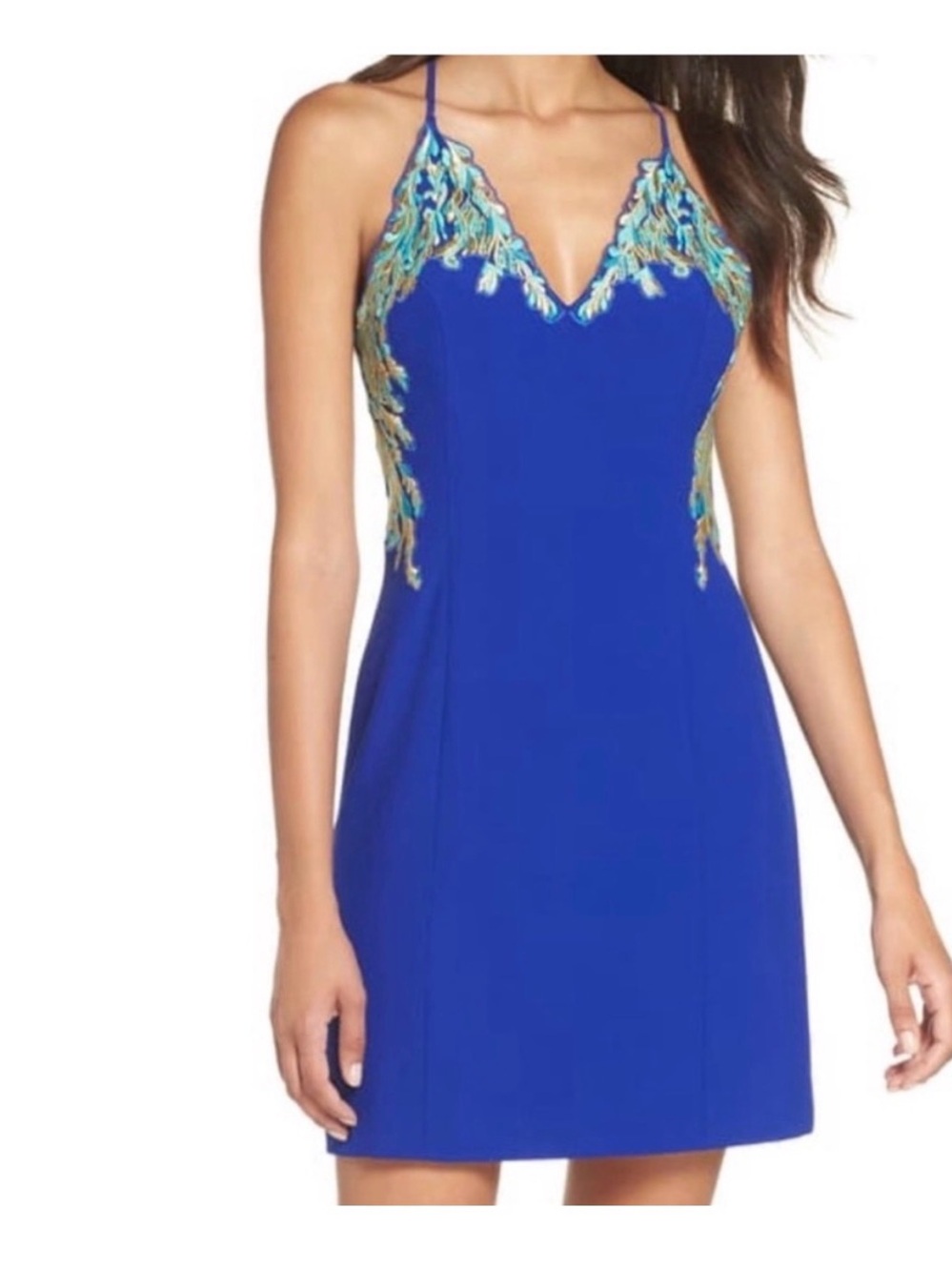 Lily Pulitzer~Niki Dress~Sz 0 Blue Embroidered V-Neck Spaghetti Strap Dress